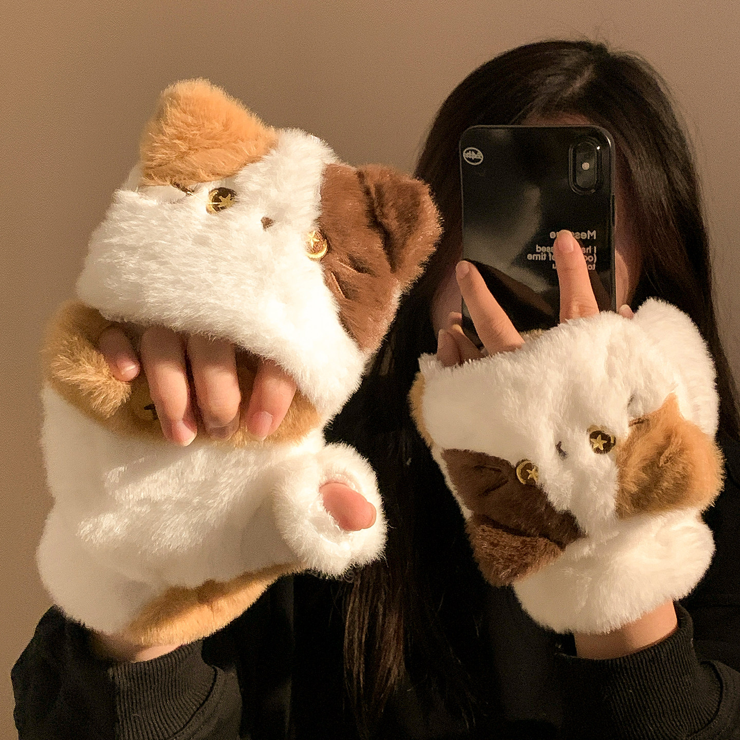 毛茸茸三花猫咪交叉围脖围巾女冬季加厚保暖毛绒防寒防风可爱甜美,淘宝优惠券,粉丝福利购,淘宝优惠卷