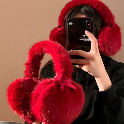 红色爱心毛绒耳罩女冬季加厚保暖防寒防风护耳包耳套圣诞配饰耳暖 - 图1