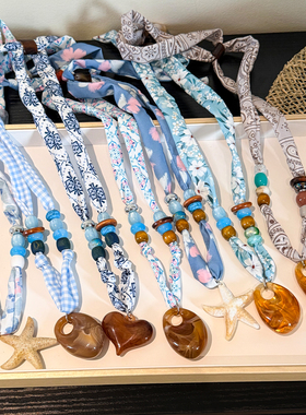 小众蓝色碎花串珠丝巾项链女复古