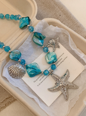 去海边~蓝色不规则碎石海星项链