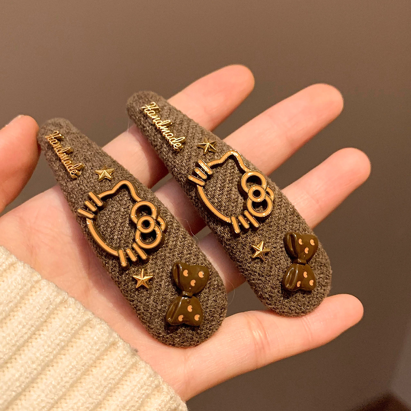 咖色Kitty蝴蝶结发夹边夹侧边发卡女可爱复古百搭头饰碎发刘海夹,淘宝优惠券,粉丝福利购,淘宝优惠卷