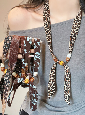 韩系黑色波点串珠抽拉系脖丝巾项链女高级感复古毛衣链百搭配饰