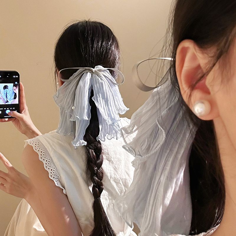 韩国海盐雾霾蓝蝴蝶结网纱丝带马尾抓夹女珍珠高颅顶固定发夹头饰 - 图0