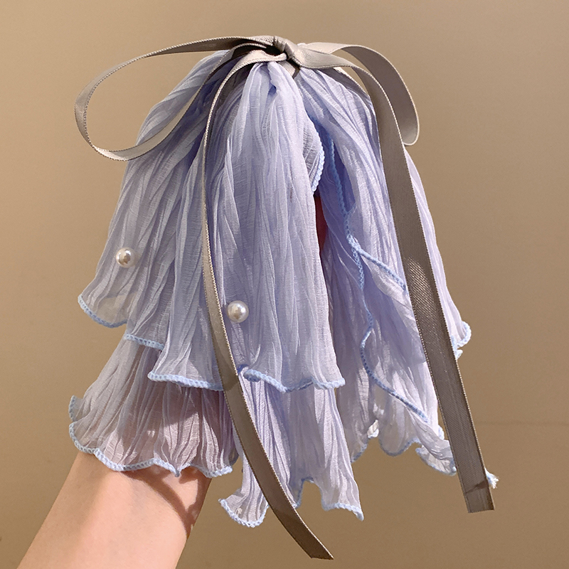 韩国海盐雾霾蓝蝴蝶结网纱丝带马尾抓夹女珍珠高颅顶固定发夹头饰 - 图2