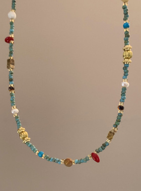 高级感天然石绿松石串珠项链