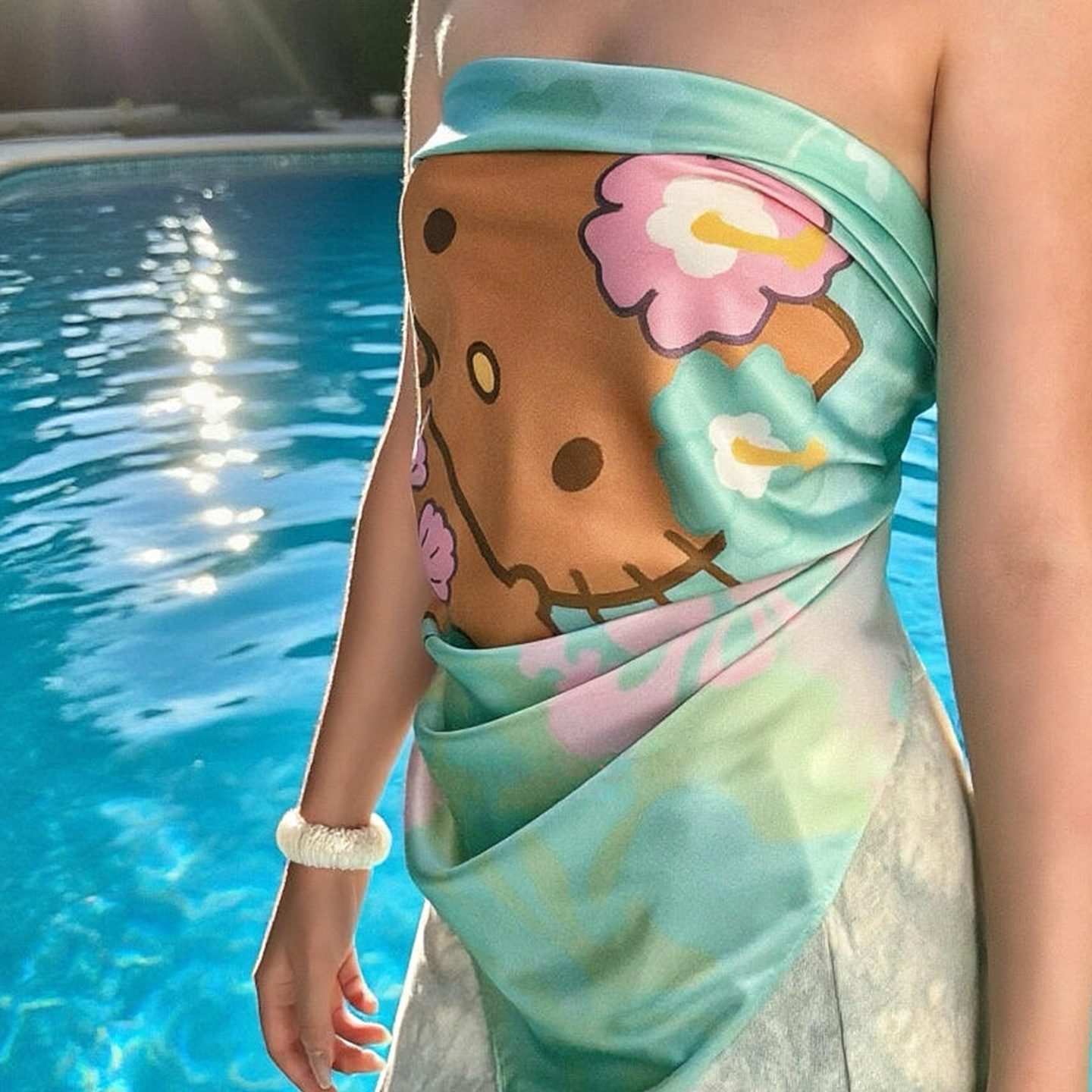 蓝色Kitty猫包头头巾女千禧辣妹y2k度假风多功能丝巾方巾抹胸配饰 - 图2