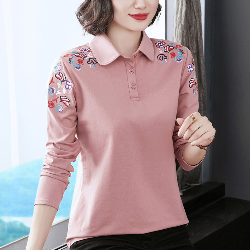 妈妈翻领长袖秋冬纯棉打底衫t恤 木岩T恤