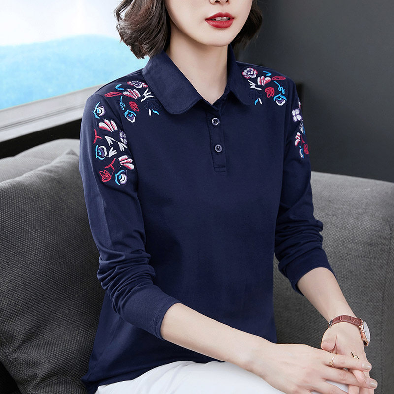 妈妈翻领长袖秋冬纯棉打底衫t恤 木岩T恤