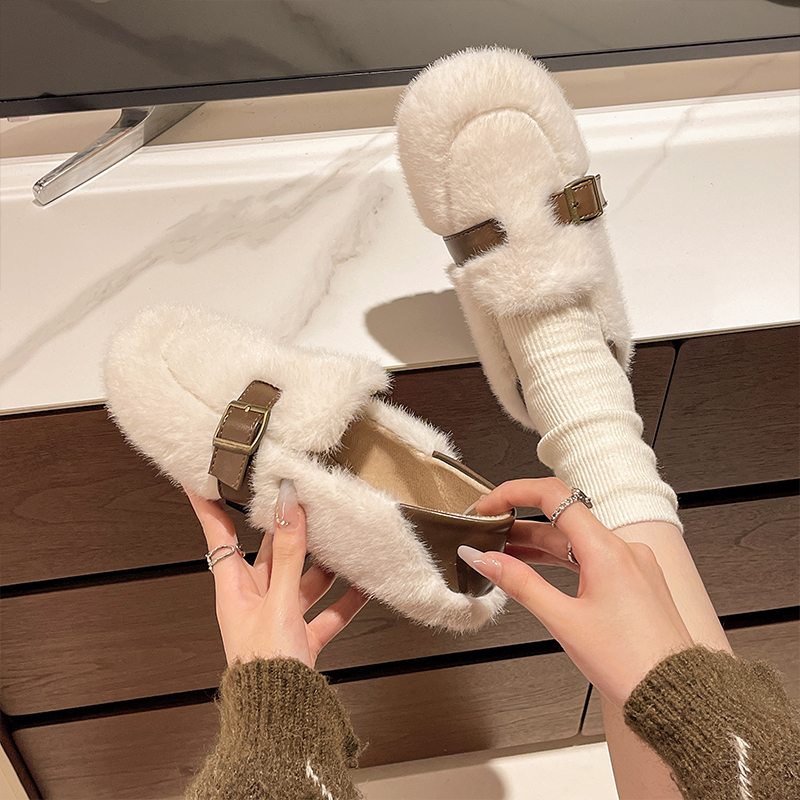 巨好看法式厚底包头毛毛拖鞋女外穿2025新款秋冬一脚蹬加绒棉拖鞋 - 图1