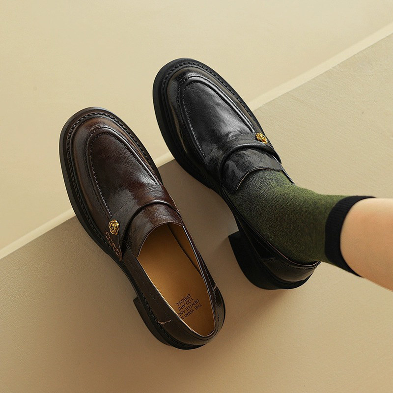 高跟方头高级感乐福鞋一脚蹬女鞋2025春季厚底春季粗跟黑色小皮鞋,淘宝优惠券,粉丝福利购,淘宝优惠卷