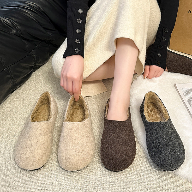 复古毛呢加绒保暖毛毛鞋女2025秋冬新款一脚蹬平底勃肯棉鞋穆勒鞋,淘宝优惠券,粉丝福利购,淘宝优惠卷
