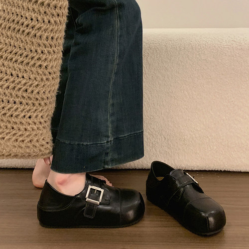 皮面内增高厚底全包勃肯鞋女款2026新款秋季乐福单鞋两穿包头半拖 - 图1