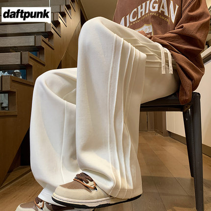 潮牌宽松休闲卫裤男秋季美式复古灰色阔腿裤子青少年垂感运动长裤