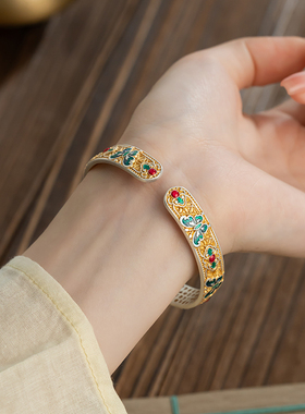 刻字珐琅彩足银手镯时光银匠国风