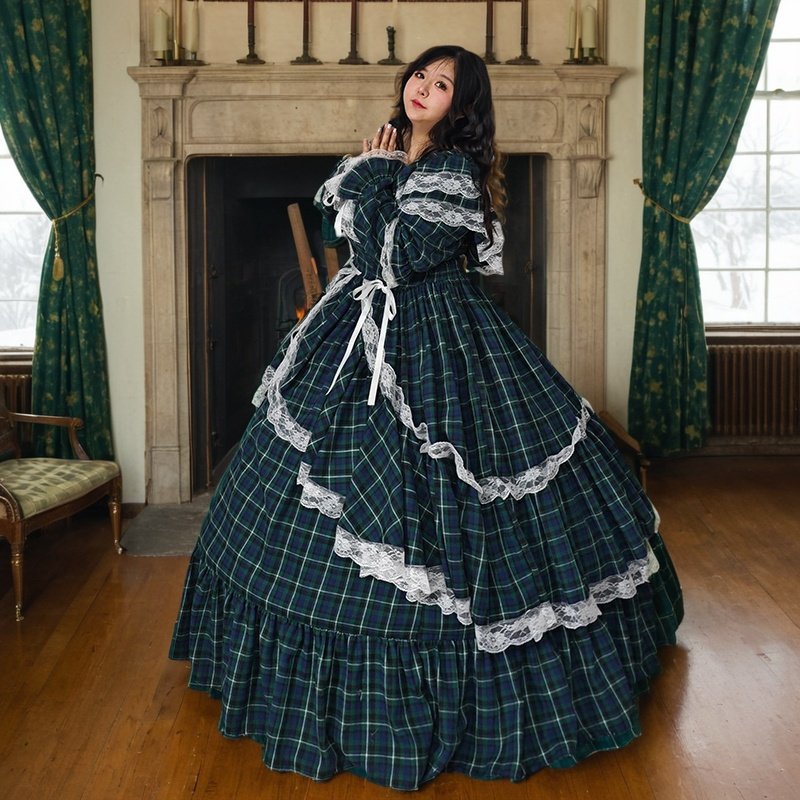 肉肉梦大码定制～复古绿色格子重工礼服裙拖地长裙宫廷感文艺气质,淘宝优惠券,粉丝福利购,淘宝优惠卷