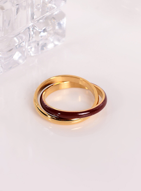 钛钢戒指 安可拉红双环戒指女百搭素圈指环轻奢食指戒简约不掉色