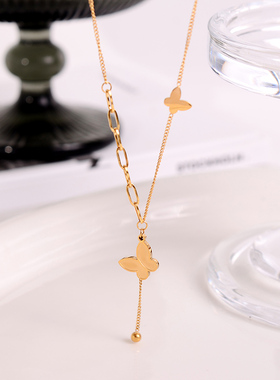 钛钢 金色流苏蝴蝶项链女高级感精致锁骨链简约配饰品