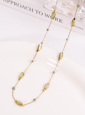 钛钢项链 新中式爆闪绿色串珠小方糖项链女精致小众气质锁骨链