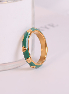 钛钢戒指 绿色滴釉复古珐琅戒指女花朵指环高级感设计时尚食指戒