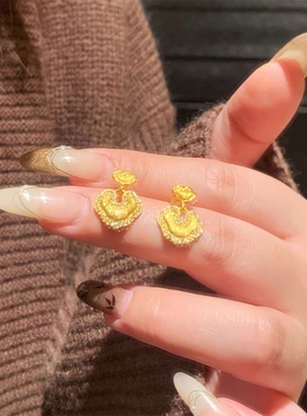 铜合金耳饰 新中式国潮风丝绒拉丝元宝祥云如意耳钉女精致耳饰品