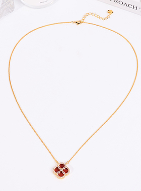 铜合金项链 新年红色四叶花项链女轻奢高级感气质锁骨链百搭配饰