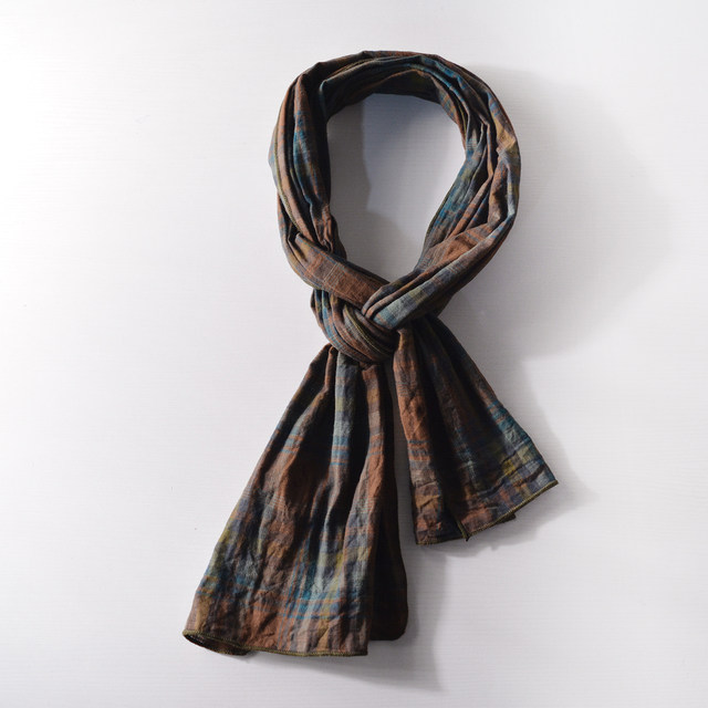 Japanese plaid cotton and linen scarf for men in autumn and winter