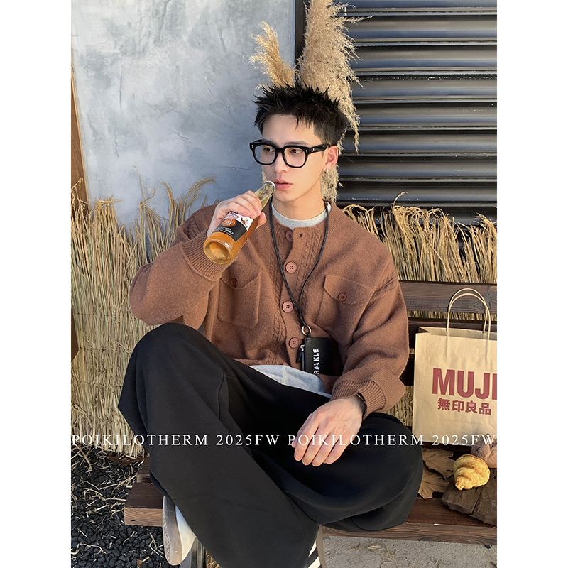 PLTH*老钱风高级感短款开衫毛衣男cleanfitt口袋设计慵懒针织外套 - 图0
