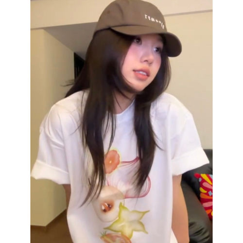 大码胖mm美式水果印花白色短袖t恤女夏季设计感宽松百搭休闲上衣 - 图3