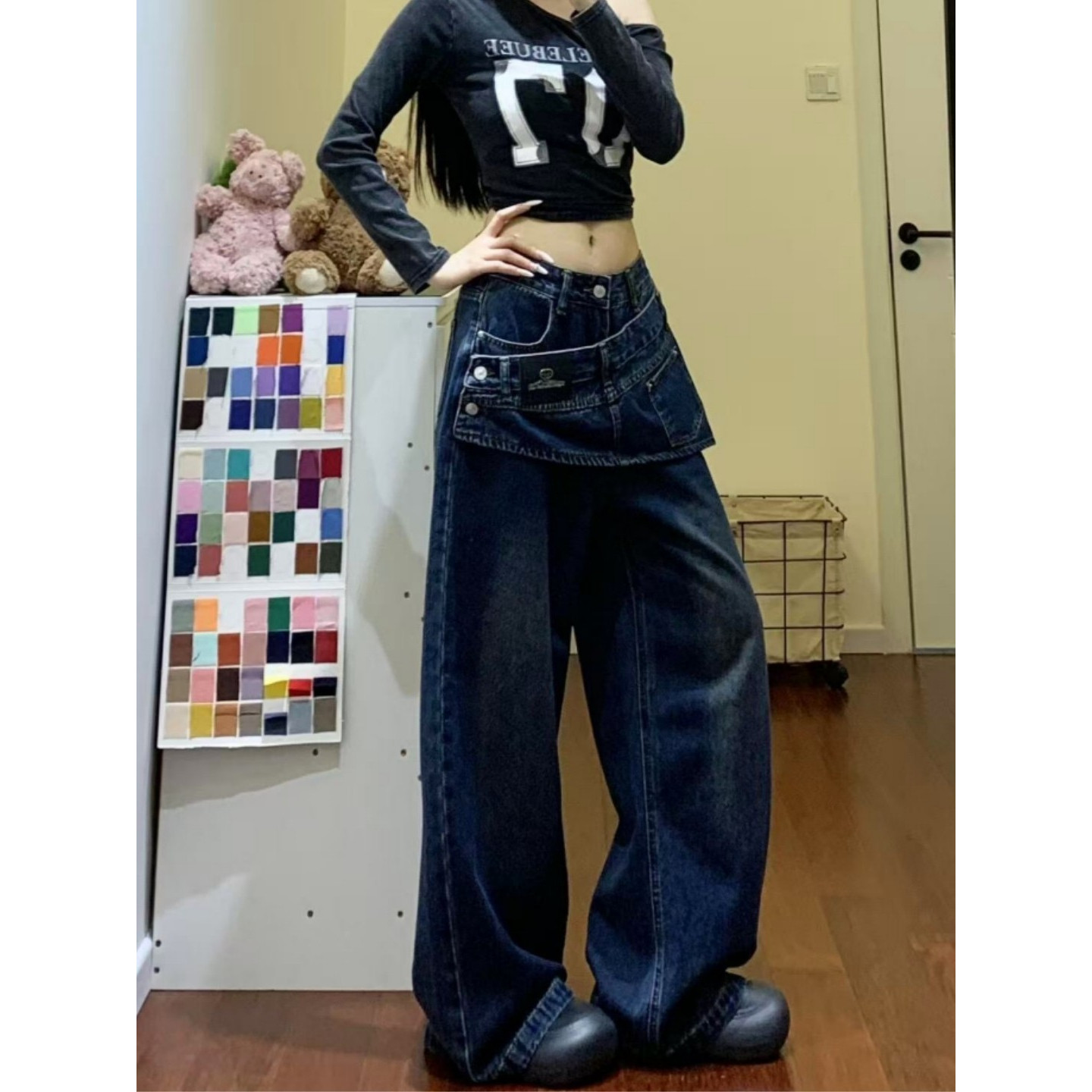 大码胖mm美式街头假两件屁帘牛仔裤女秋冬设计感高腰显瘦阔腿裤潮,淘宝优惠券,粉丝福利购,淘宝优惠卷