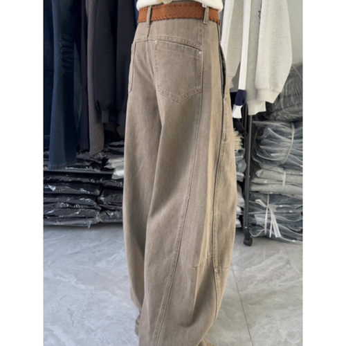 大码胖mm美式复古高腰工装牛仔裤女秋冬设计感宽松显瘦阔腿拖地裤 - 图2