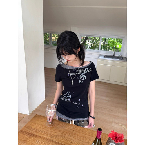 大码胖mm美式Y2K轻亚风斜肩短袖T恤女夏季撞色波点假两件辣妹上衣 - 图0