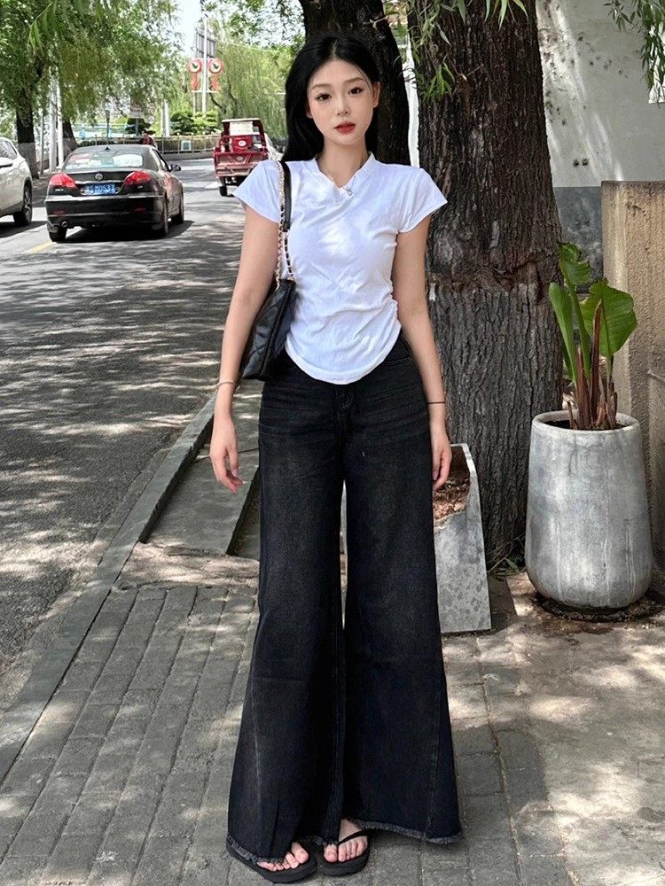 梨型身材穿搭黑灰色阔腿牛仔裤女美式复古大码宽松垂感拖地喇叭裤,淘宝优惠券,粉丝福利购,淘宝优惠卷