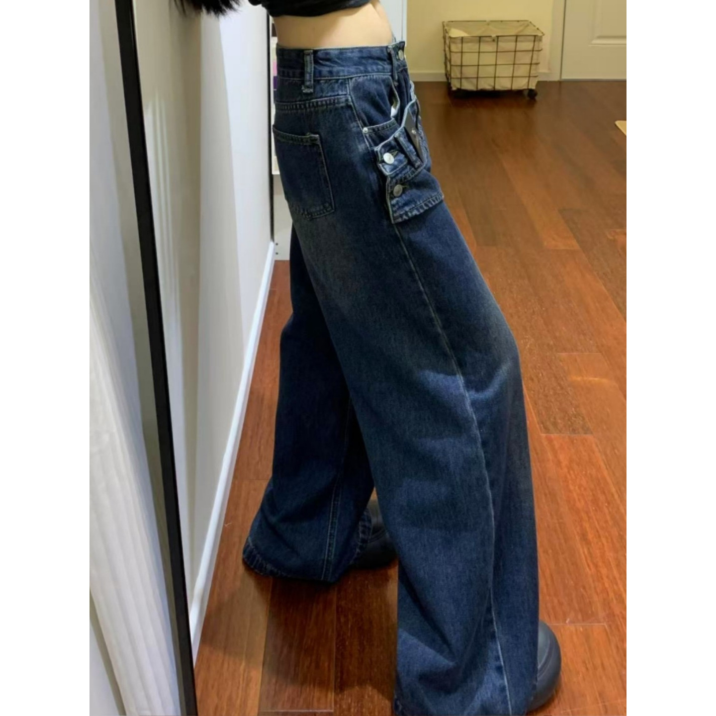 大码胖mm美式街头假两件屁帘牛仔裤女秋冬设计感高腰显瘦阔腿裤潮,淘宝优惠券,粉丝福利购,淘宝优惠卷