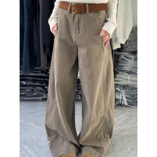 大码胖mm美式复古高腰工装牛仔裤女秋冬设计感宽松显瘦阔腿拖地裤 - 图1