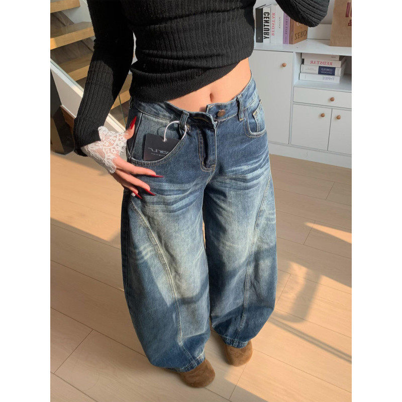 大码胖mm美式复古水洗弯刀牛仔裤女春季设计感高腰显瘦阔腿镰刀裤,淘宝优惠券,粉丝福利购,淘宝优惠卷