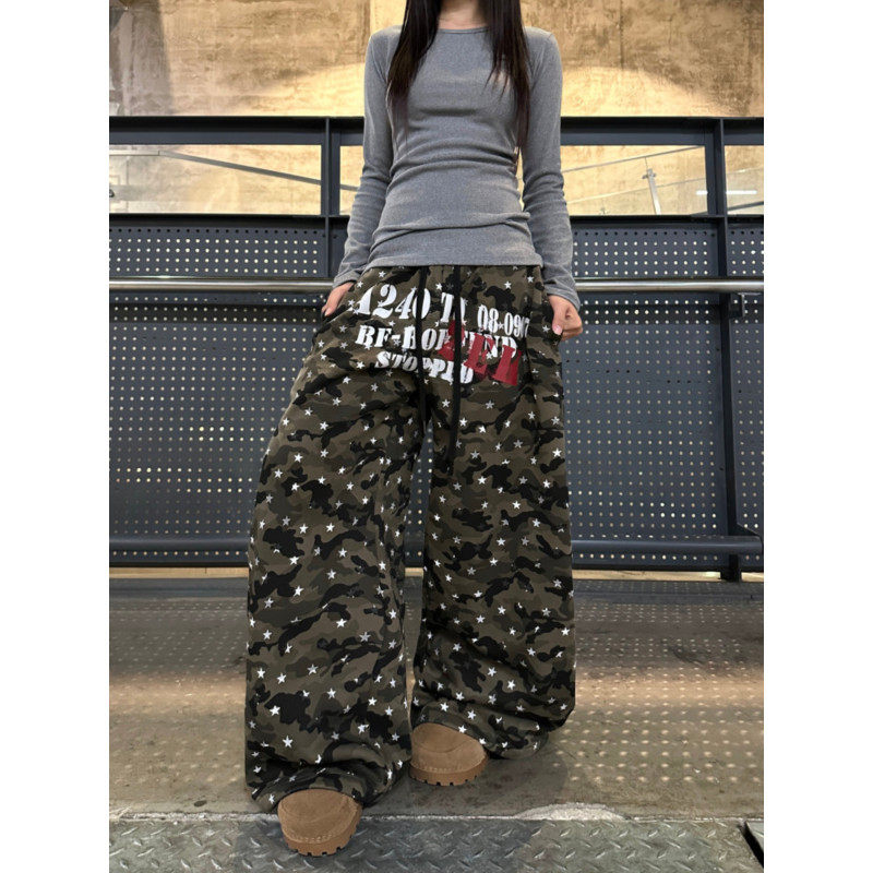 大码胖mm美式高街星星迷彩弯刀卫裤女秋冬加绒加厚休闲宽松阔腿裤,淘宝优惠券,粉丝福利购,淘宝优惠卷