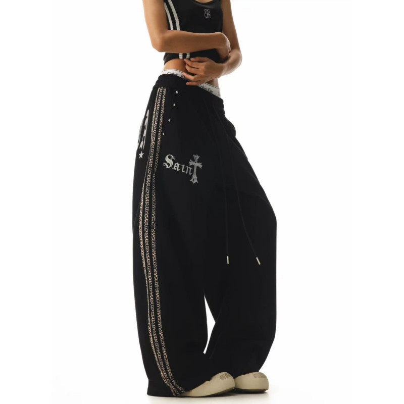 大码胖mm美式豹纹拼接字母印花休闲裤女春季宽松爵士舞弯刀阔腿裤,淘宝优惠券,粉丝福利购,淘宝优惠卷