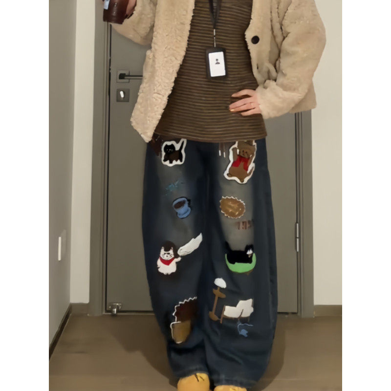 大码胖mm美式复古卡通贴布刺绣弯刀牛仔裤女秋冬设计感宽松阔腿裤,淘宝优惠券,粉丝福利购,淘宝优惠卷