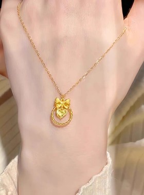 新款黄金色轻奢爱心蝴蝶结项链女高级感时尚百搭精致锁骨链送礼物