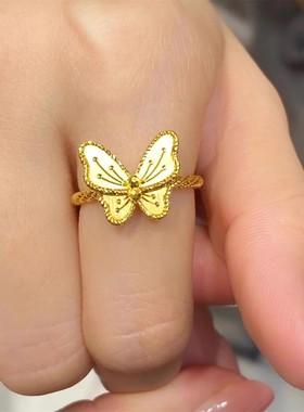 黄金色梦蝴蝶戒指女花月佳期素圈超闪时尚食指戒子纹理指环送女友
