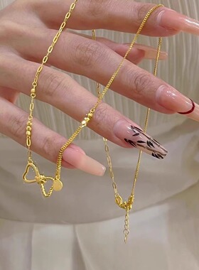 新款黄金色蝴蝶结项链女轻奢高级感小众设计感转运珠锁骨链送女友