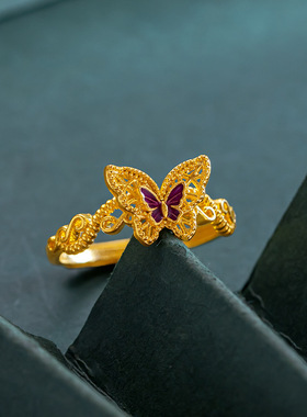 新款仿真黄金色轻奢珐琅蝴蝶戒指高级感时尚百搭精致食指戒送女友