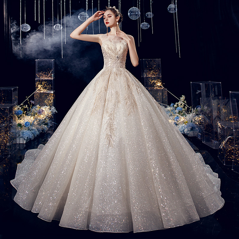 爱白汇旗舰店高端奢华婚纱新款气质拖尾新娘礼服森系星空抹胸大码性感梦幻0