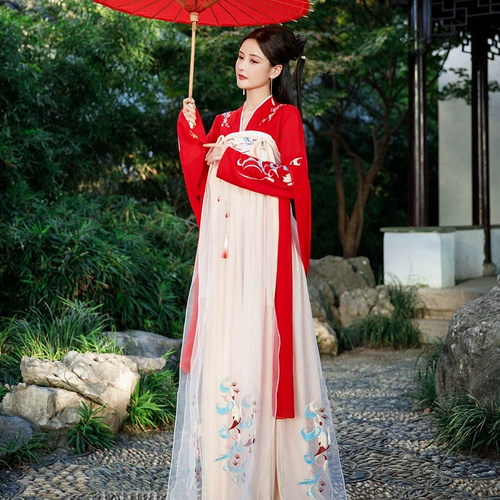 Ханфу Женская Юбка Ци -грудь, элегантный супер бессмертный газовый костюм Полный комплект системы тан с китайским стилем ежедневно носить весеннюю подлинную