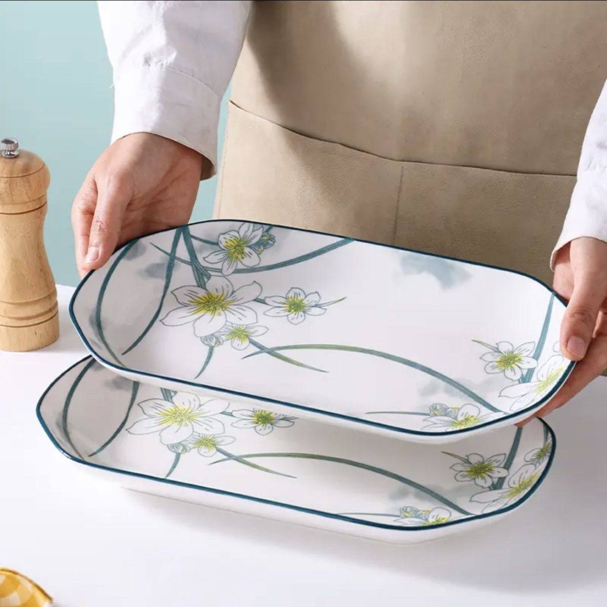 水仙花釉下彩12英寸30厘米大鱼盘蒸鱼盘长方形烤鱼盘子陶瓷家用,淘宝优惠券,粉丝福利购,淘宝优惠卷