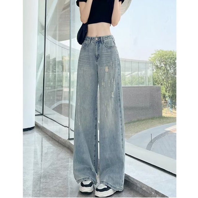 Ripped jeans for women's high waist large size straight wide-leg pants Ripped jeans for women's high waist large size straight wide-leg pants