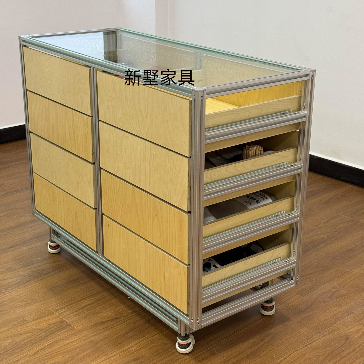 工业风原木色岛台柜子可移动带轮抽屉柜铝型材框架玻璃台面收纳柜,淘宝优惠券,粉丝福利购,淘宝优惠卷