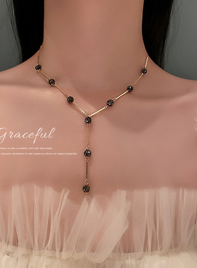 韩国东大门颈链新款嘻哈黑色米珠项链网红气质设计感锁骨链项饰女