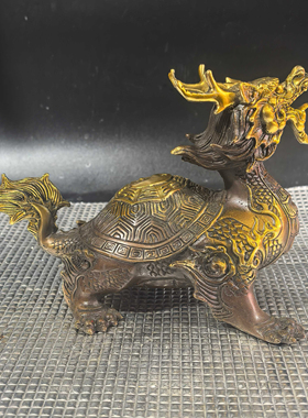 古玩杂项收藏纯铜鎏金龙龟摆件家居装饰办公室桌面摆件