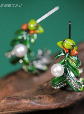原创设计丨雨林系列S925银珍珠珐琅小青蛙戒指耳环套装可爱小众